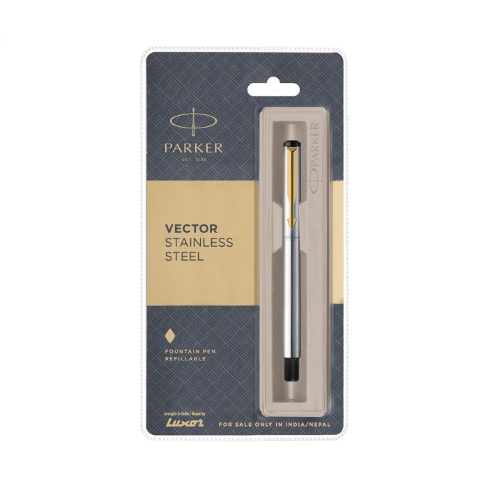 Parker  Vector Stainless Steel Gold Trim Fountain Pen Fine With Gold Nib main product photo