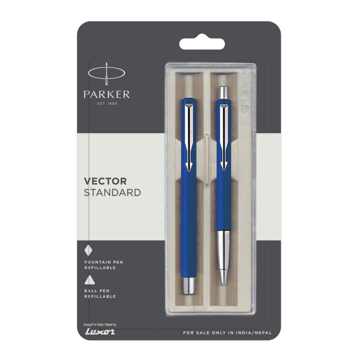 Parker Vector Standard Set Refillable Fountain Pen and Ball Pen Chrome Trim Blue Ink Ideal for Office Professionals College Students and