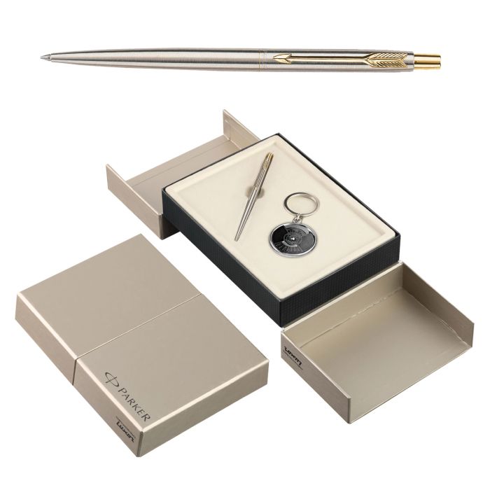 Parker Classic Stainless Steel Gold Trim Ball Pen With Keychain Gift Set main product photo