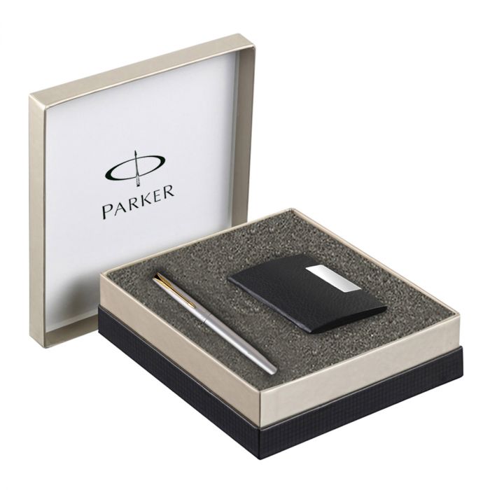 Parker Frontier Stainless Steel Gold Trim Roller Ball Pen + Card Holder Gift Set main product photo