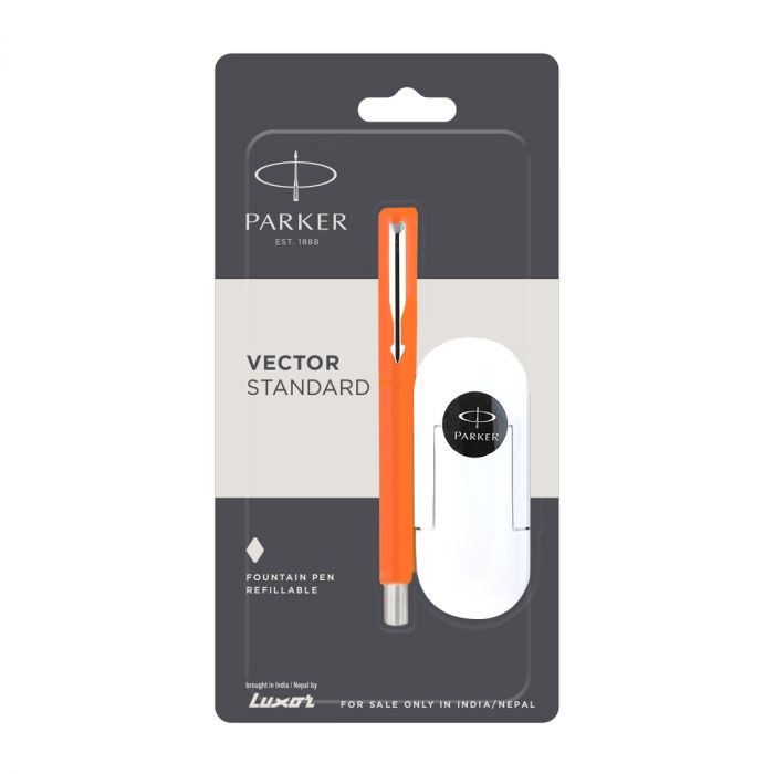 Parker Vector Standard Fountain Pen Chrome Trim Fine Nib Orange Body Color+3 Free   Ink Cartridge main product photo
