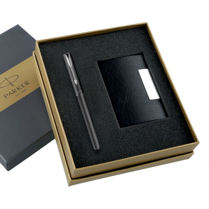 Parker Frontier Matte Black Fountain Pen Chrome Trim + Free Card Holder Gift Set main product photo