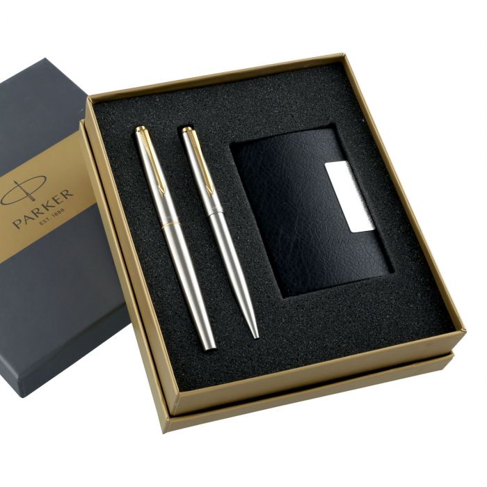 Parker Galaxy Stainless Steel Ball Pen+Roller Ball Gold Trim +Free Card Holder Gift Set main product photo