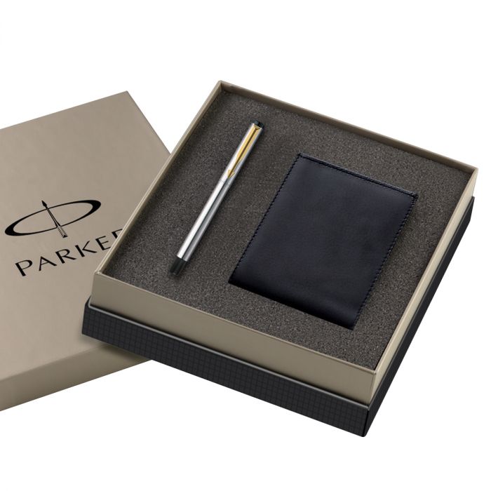 Parker Vector Stainless Steel Fountain Pen Gold Trim + Free Wallet Gift Set main product photo