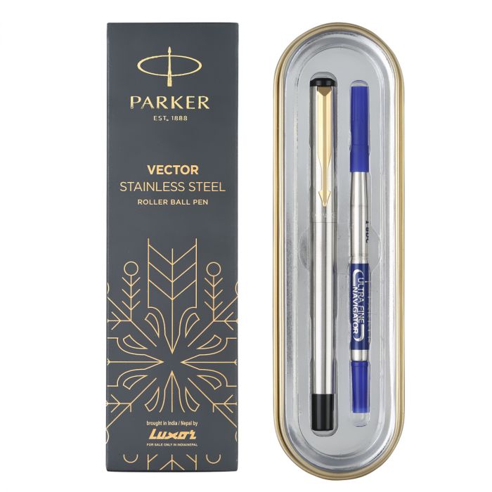 Parker Vector  Stainless Steel   Roller Ball Pen Gold Trim main product photo