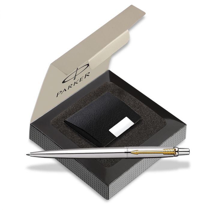 Parker Jotter Stainless Steel Ball Pen Gold Trim With Card Holder Gift Set main product photo