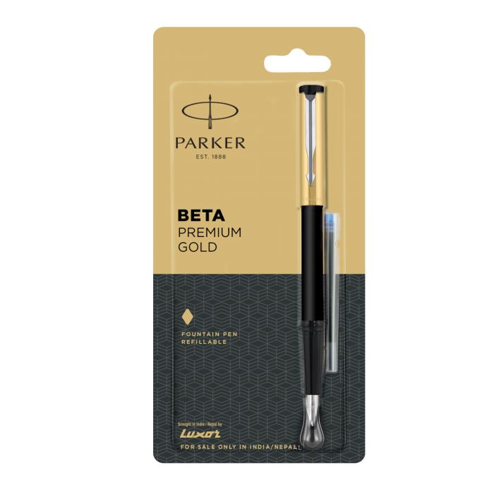 Parker Beta Premium Fountain Pen Chrome Trim Gold Finish Cap + 1 Ink Cartridge Free main product photo