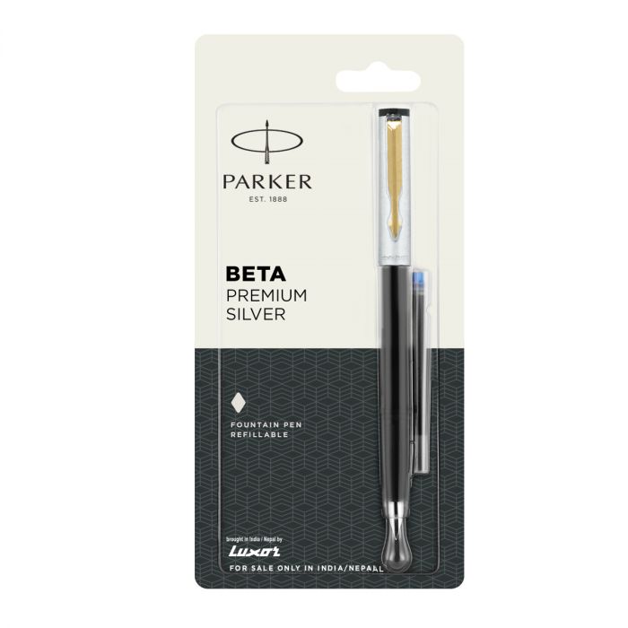 Parker Beta Premium Fountain Pen Gold Trim Silver Finish Cap + 1 Ink Cartridge Free main product photo