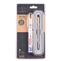 Parker Vector Stainless Steel Ball Pen Gold Trim + Pensanitizer Free