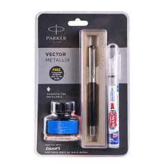 Parker Vector Metallic Fountain Pen Black Body Color Fine Nib With Quink ink Bottle + Pensanitizer Free