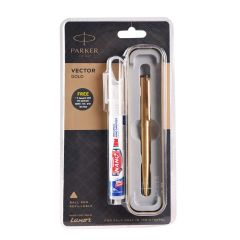 Parker Vector Stainless Steel Ball Pen Gold Trim +  Pensanitizer Free