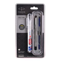 Parker Vector Stainless Steel Roller Ball Pen Chrome Trim + Pensanitizer Free