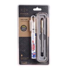 Parker Vector Stainless Steel Gold Trim Fountain Pen ,Fine Nib  + Pensanitizer Free