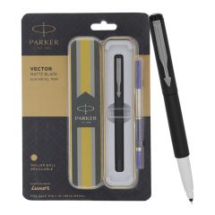 Parker Vector Matte Black Roller Ball Pen | Gunmetal Trim |Ink Color – Blue