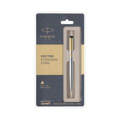 Parker Vector Gold Trim Ball Pen, Refillable, Gold Trim, Stainless Steel (1 Count, Pack of 1, Ink - Blue), Ideal for Gifting, Perfect Pen for Professionals, Students