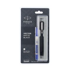 Parker Vector Matte Black Roller Ball Pen, Refillable, Chrome Trim, Pack of 1, Blue Ink, Ideal for Office Professionals, College Students, and Personal Writing