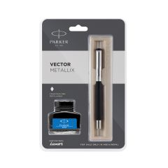 Parker Vector Mettalix Fountain Pen, Silver Trim, With Free Quink Blue Ink Bottle (1 Count, Ink - Blue), Perfect for Gifting, Elegant Pen for Writers and Enthusiasts