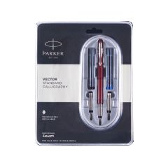 Parker Vector Standard Chrome Trim Calligraphy Fountain Pen| Red Body Color With 4 Ink Cartridges (2 Blue + 2 Black)