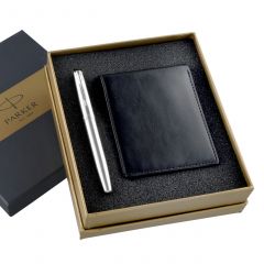 Parker Frontier Stainless Steel Chrome Trim Roller Ball Pen + Leather Wallet Gift Set