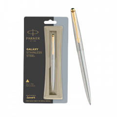 Parker Galaxy Stainless Steel Ball Pen, Refillable, Gold Trim (1 Count, Ink - Blue), Perfect for Gifting, Premium Pen for Professionals and Writers