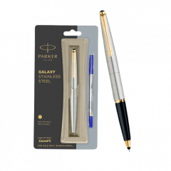 Parker Galaxy Stainless Steel Roller Ball Pen, Refillable, Gold Trim (1 Count, Ink - Blue), Excellent for Gifting, Premium Pen for Professionals