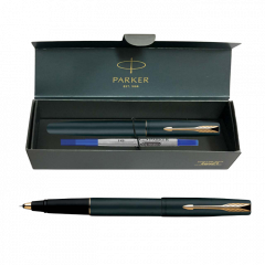 Parker Frontier Matte Black | Gold Trim | Roller Ball Pen | Refillable (1 Count, Pack of 1, Ink - Blue) | Apt for gift-giving | Superior pen for professionals and scholars