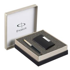 Parker Galaxy Standard Gold Trim Ball Pen + Card Holder Gift Set