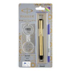 Parker Vector Gold Roller Ball Pen+ Parker Logo Keychain