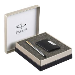 Parker Vector Stainless Steel Fountain Pen Gold Trim + Free Card Holder Gift Set