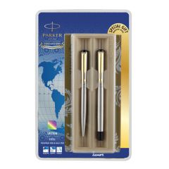 Parker Vector, Stainless Steel With Gold Trim, Fountain And Ball Pen Set, Pack Of 2, Blue Ink, Best Choice For Gift, Elegant And Refined