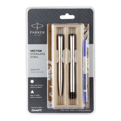 Parker Vector, Stainless Steel, Chrom Trim, Roller + Ball pen, Ink - Blue, Pack of 2, Refillable, Free Gift Wrap Sleeve, Perfect Choice for Gift