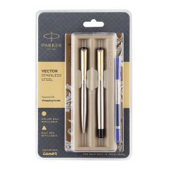 Parker Vector Stainless Steel Gold Trim Roller Ball Pen, Elegant Design, Ideal for Office Professionals, College Students, and Individual Use, Durable and Smooth Writing