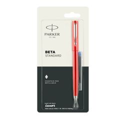 Parker Beta Standard Fountain Pen Chrome Trim Flame Red Body Color +1 Ink Cartridge Free