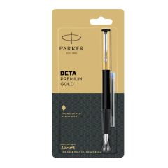 Parker Beta Premium Fountain Pen, Refillable, Chrome Trim, Gold with Free Ink Cartridge (1 Count, Ink - Blue), Perfect for Gifting, Premium Pen for Writers