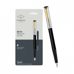 Parker Beta Premium Fountain Pen, Refillable, Chrome Trim, Gold with Free Ink Cartridge (1 Count, Ink - Blue), Perfect for Gifting, Premium Pen for Writers