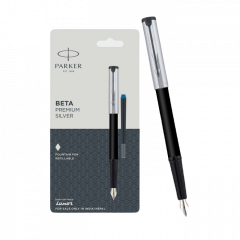 Parker Beta Premium Fountain Pen, Refillable, Chrome Trim, Silver with Free Ink Cartridge (1 Count, Ink - Blue), Ideal for Gifting, Elegant Pen for Writers