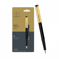 Parker Beta Premium Fountain Pen, Refillable, Chrome Trim, Gold with Free Ink Cartridge (1 Count, Ink - Blue), Perfect for Gifting, Luxurious Pen for Writers