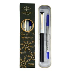 Parker Beta Premium Roller Ball Pen Gold Trim Silver Finish Cap