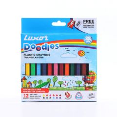 Luxor Doodles Triangular Grip Plastic Crayons - Assorted Colors with Free Eraser & Sharpener - Ergonomic Design for Comfortable Coloring