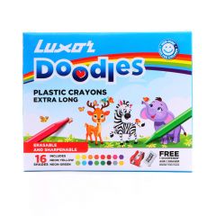 Luxor Doodles Extra Long Plastic Crayons - Assorted Colors with Free Eraser & Sharpener - Durable and Smooth Coloring for Creative Kids
