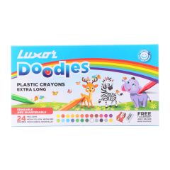 Luxor Doodles Extra Long Plastic Crayons - Assorted Colors with Free Eraser & Sharpener - Durable and Smooth Coloring for Creative Kids