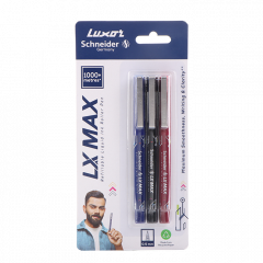 Luxor LX-Max Needle Tip Pens, Pack of 3 - Blue, Black, Red, Ideal for Office & School Writing