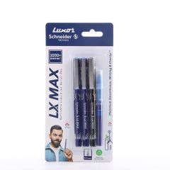 Luxor LX-Max Needle Tip Pens, Pack of 3-  2Blue, 1 black Pen  and 1 Refill