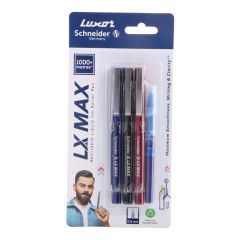 Luxor LX-Max Needle Tip Pens, Pack of 3 - Blue, Black, Red + 1 Refill, Perfect for Continuous Writing