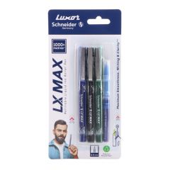 Luxor LX-Max Needle Tip Pens, Pack of 3 - Blue, Black, Green + 1 Refill, Great for Long-Term Use