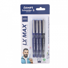 Luxor LX-Max Needle Tip Pens, Pack of 4 - 3 Blue + 1 Black, Ideal for Extended Writing Sessions