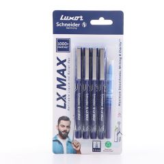 Luxor LX-Max Needle Tip Pens, Pack of 4 Blue Pen and 1 Refill