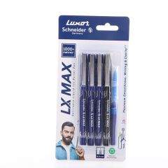 Luxor LX-Max Needle Tip Pens, Pack of 4 Pens , 3 Blue 1 Black Pen and 1 Refill