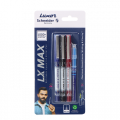 Luxor LX-Max Cone Tip Pens, Pack of 3 - Blue, Black, Red + 1 Refill, Ideal for Versatile Writing Tasks
