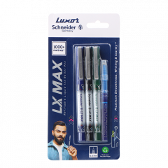 Luxor LX-Max Cone Tip Pens, Pack of 3 - Blue, Black, Green + 1 Refill, Perfect for School, Office & Daily Writing